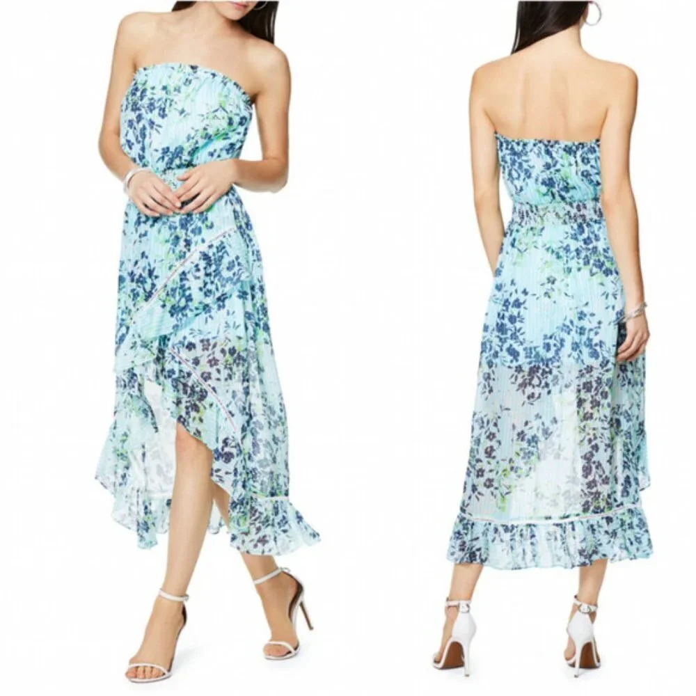 Ramy Brook Strapless Blue Floral Midi Dress